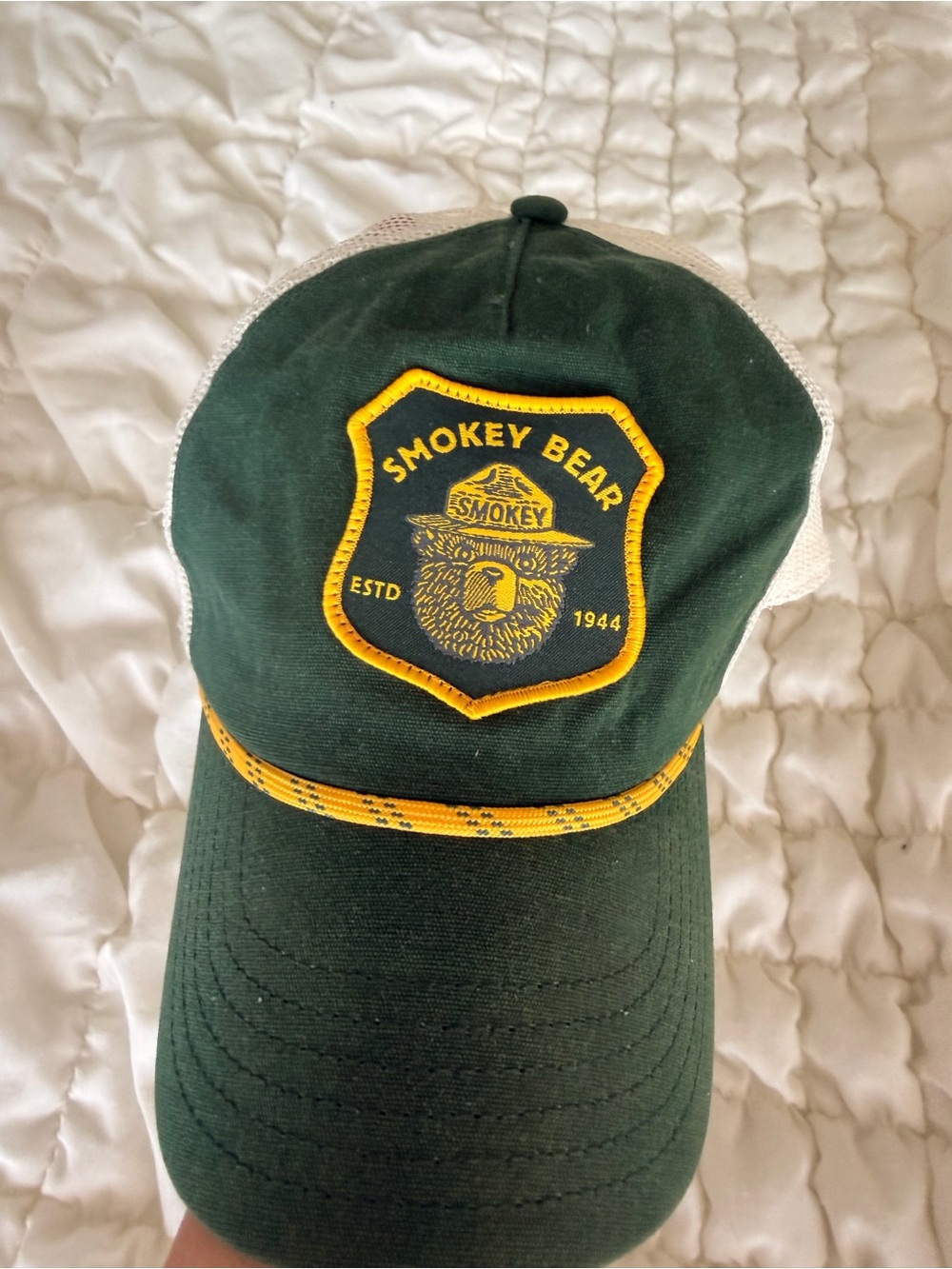 Smokey Bear Green Mesh Trucker Hat with Yellow Patch
